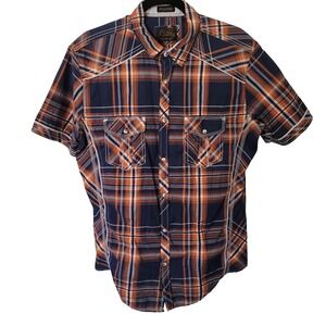 7 Diamonds Plaid Western Shirt Mens M Navy Orange Pearl Snap Contrast Stitch